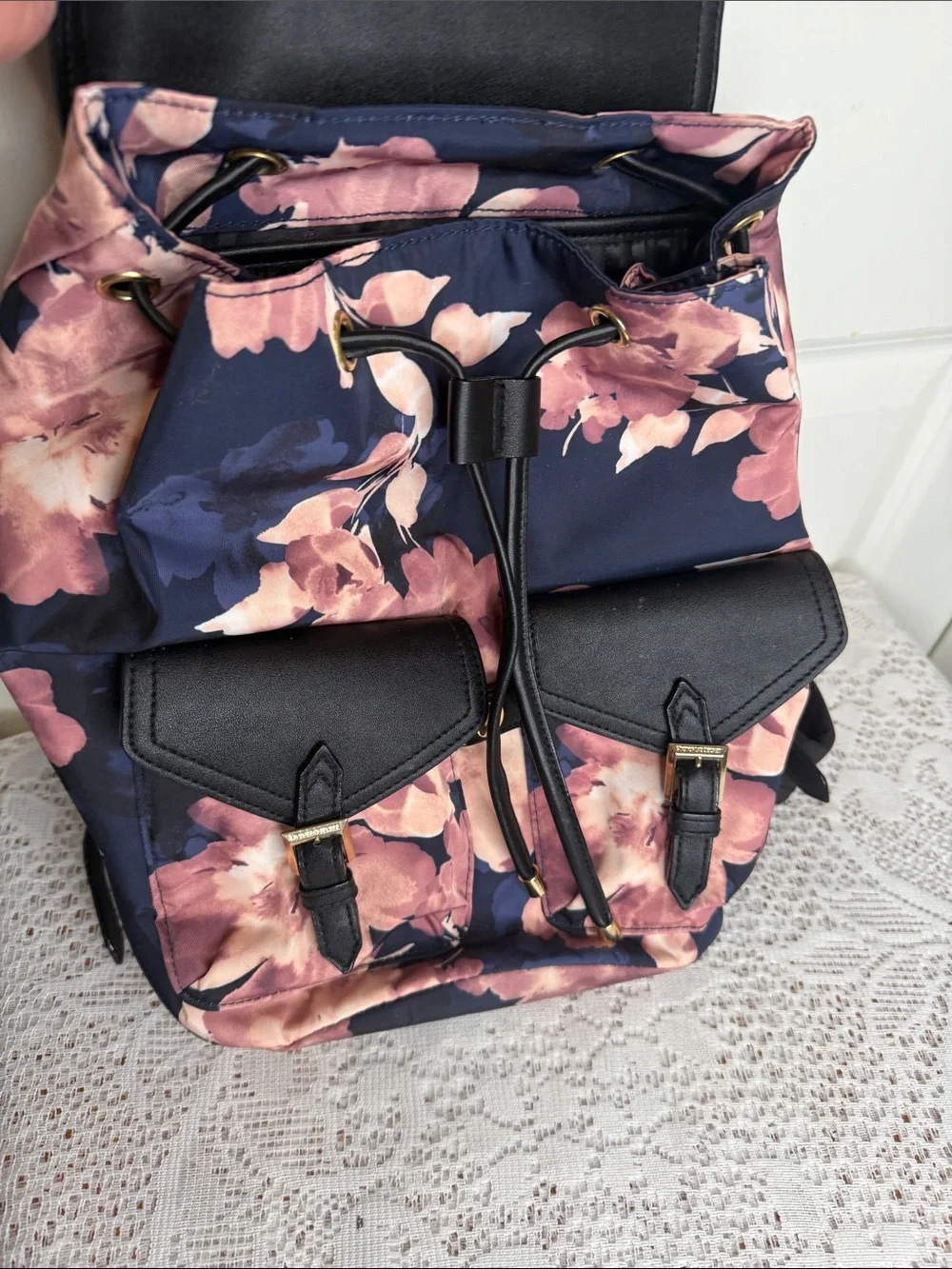 Victoria's Secret getaway cargo faux leather blue pink Floral Backpack - Picture 7 of 8
